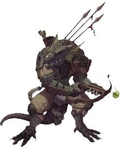 A black-scaled kobold holding a crossbow and three spears on their back