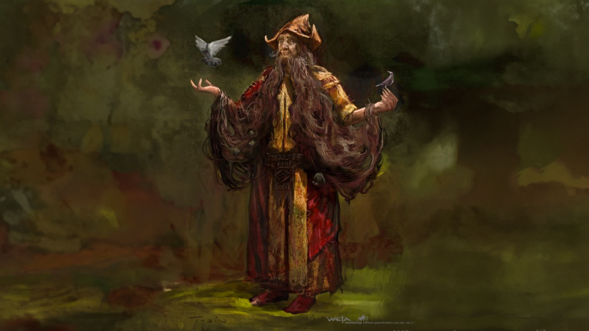 A portrait of Luther Greenbottle in ratty robes and befriending birds.