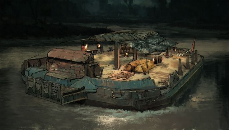 A drawing of the Cuno, a river barge, at night.