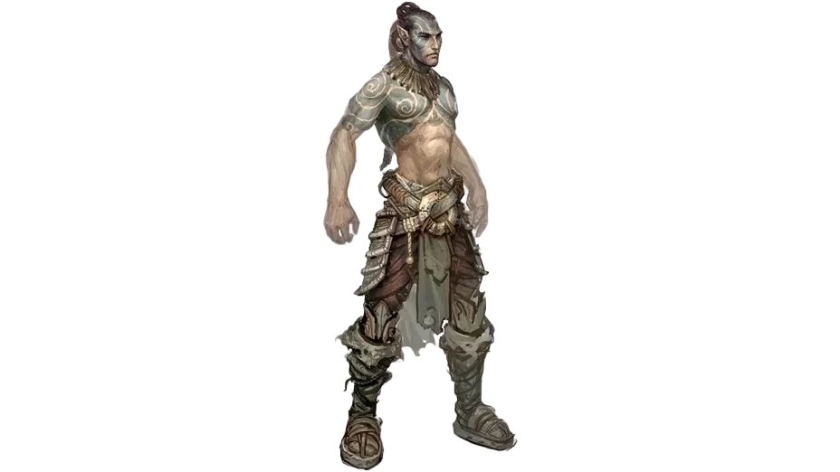 A portrait of Thamior Windwillow shirtless and in ceremonial battle garb.