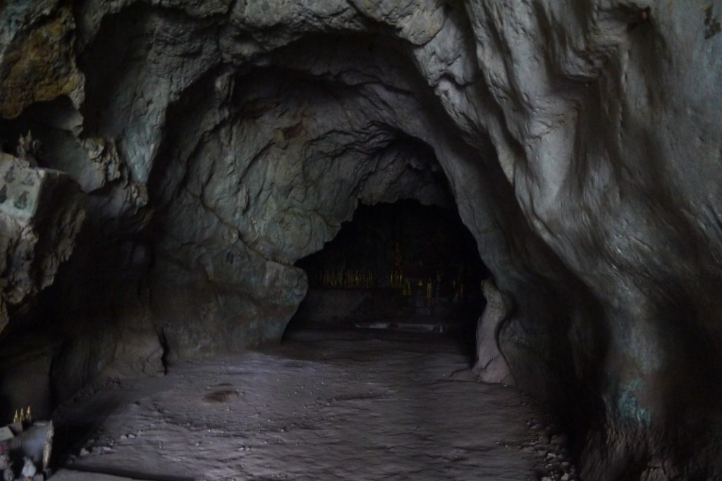 A cave entrance with natural stone walls fading to darkness toward the rear.