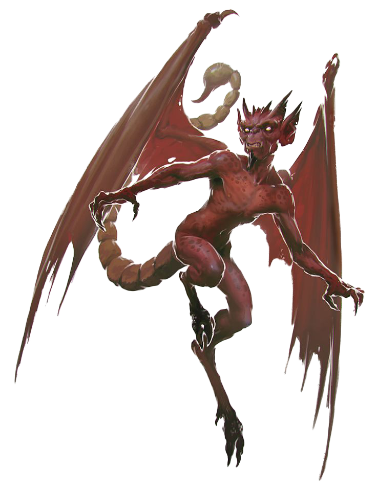 An illustration of a winged, horned creature with a scorpion tail looking like a devil.