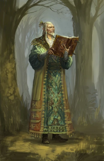 A portrait of an elderly elf reading a tome in the forest.