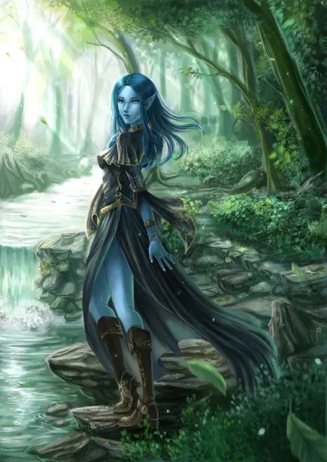 A portrait of an elf by a river in a forest.