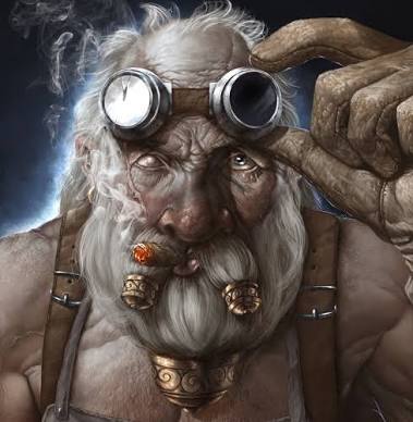 A portrait of Skaggi, with engineer's goggles on his forehead, smoking a cigar.