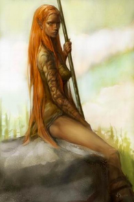 A portrait of a wild elf maiden with fire-red hair sitting on a rock, holding a walking staff.